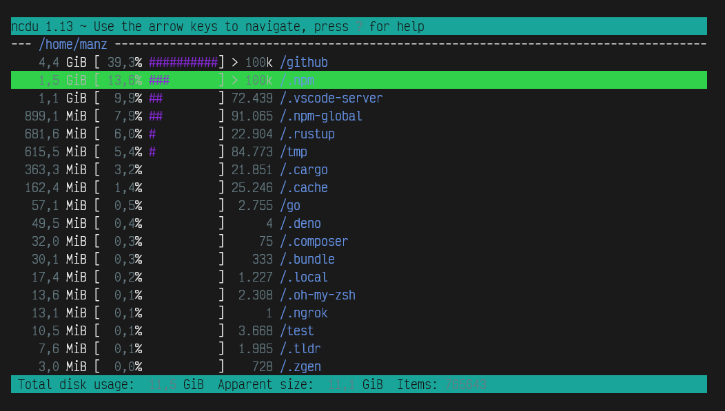 ncdu: disk usage (du) mejorado