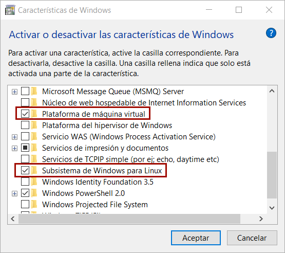 Instalación de características para Windows Subsystem Linux (WSL)